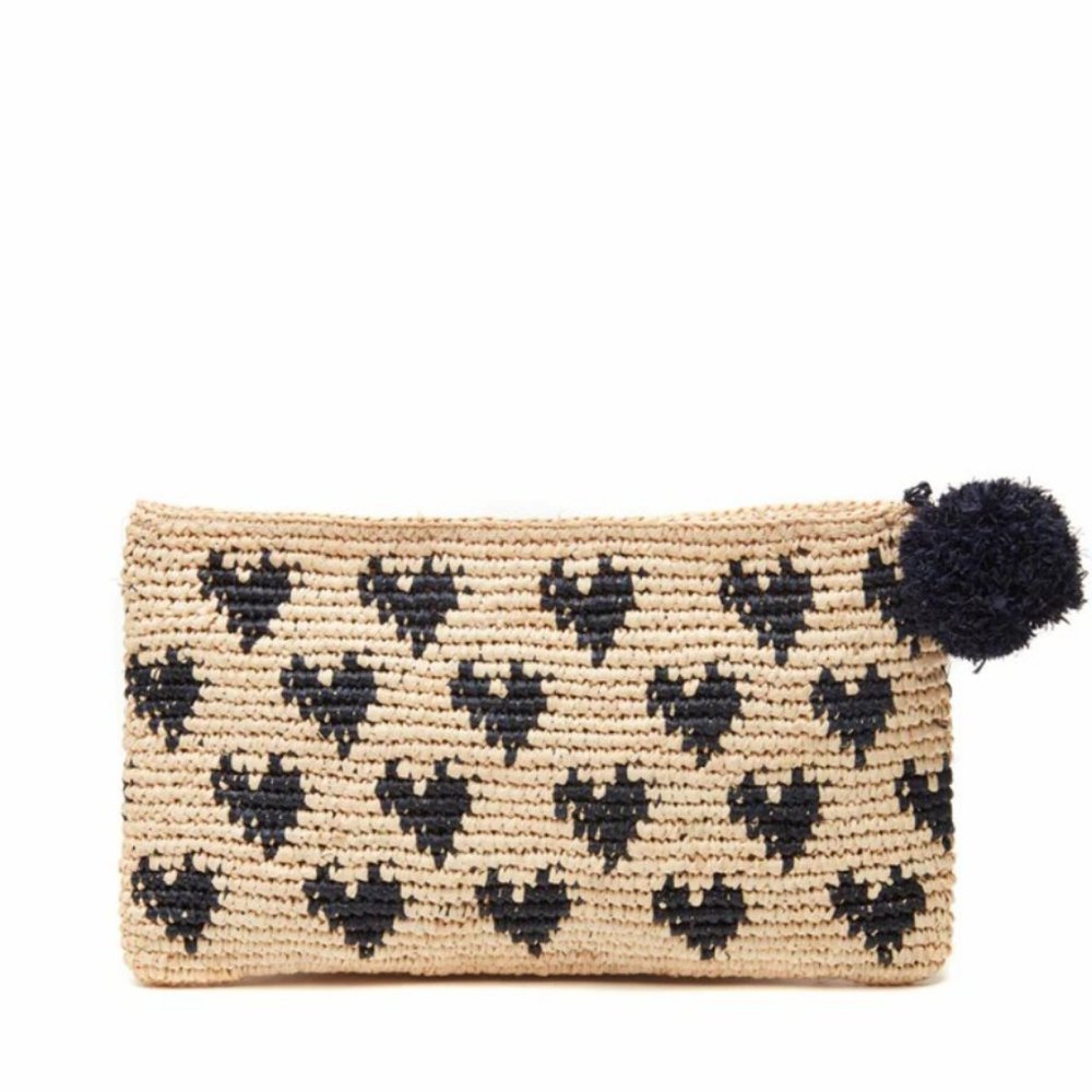 NEW Mar Y Sol Navy Amelie Monogram Love Crocheted Raffia Clutch Pouch bag